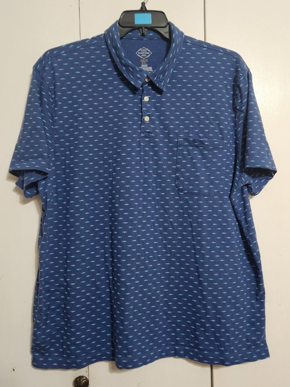 St Johns Bay Polo Shirt XXL Mens Blue Shark Print Short Sleeve Pocket Cotton